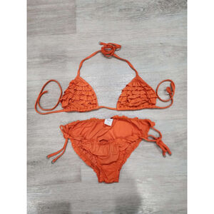 Gilly Hicks Orange Ruffle Triangle Bikini Swimsuit Set Size M Beachwear Used
